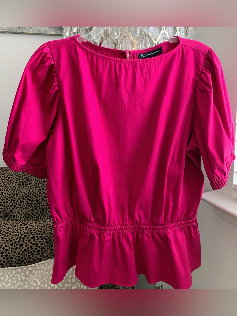 INC International Concepts Vibrant Hot Pink Peplum Puff Sleeve Top